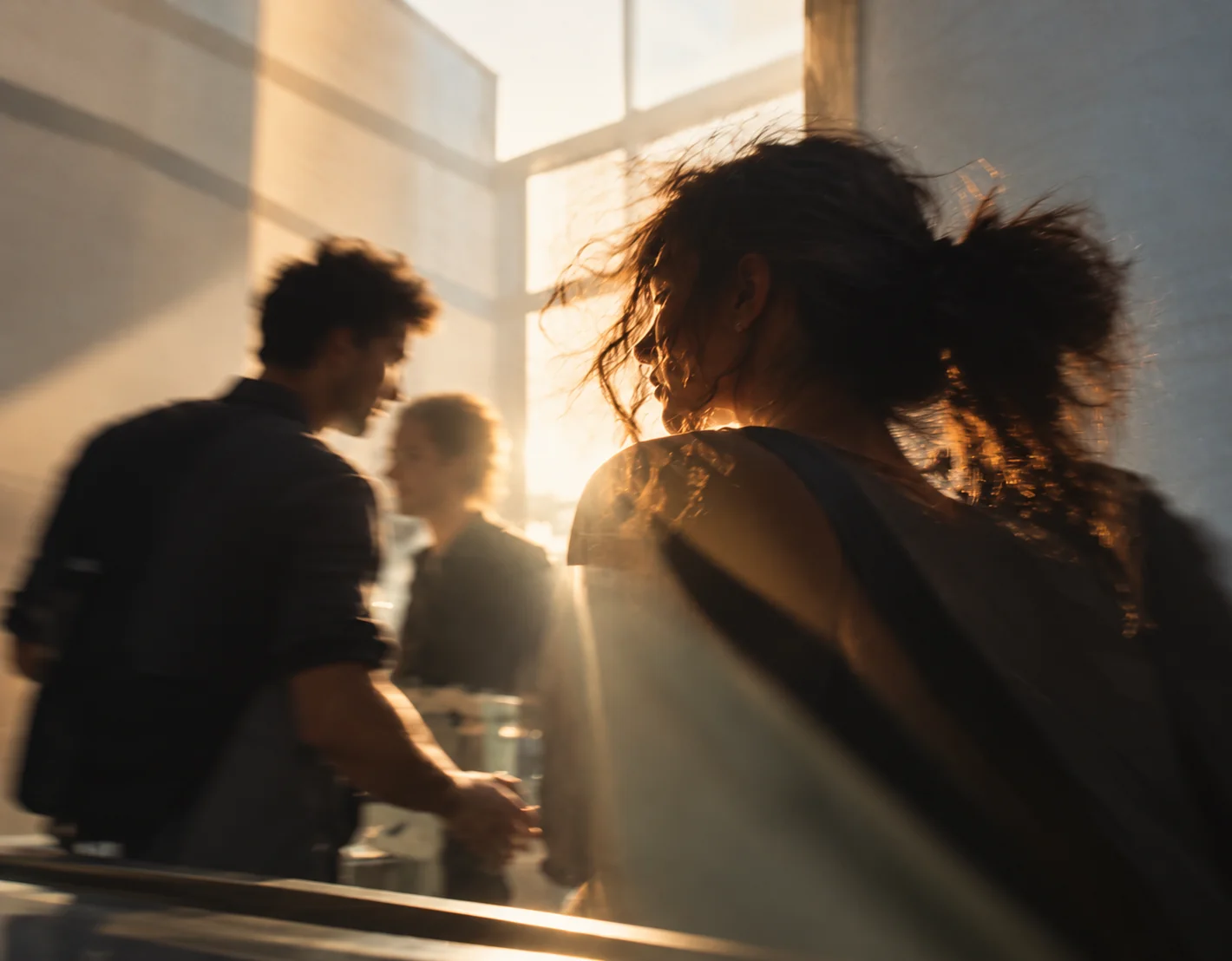 Kreativni ljudi u razgovoru, obasjani toplim svjetlom